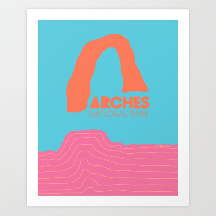 pink and turquoise art print of delicate arch